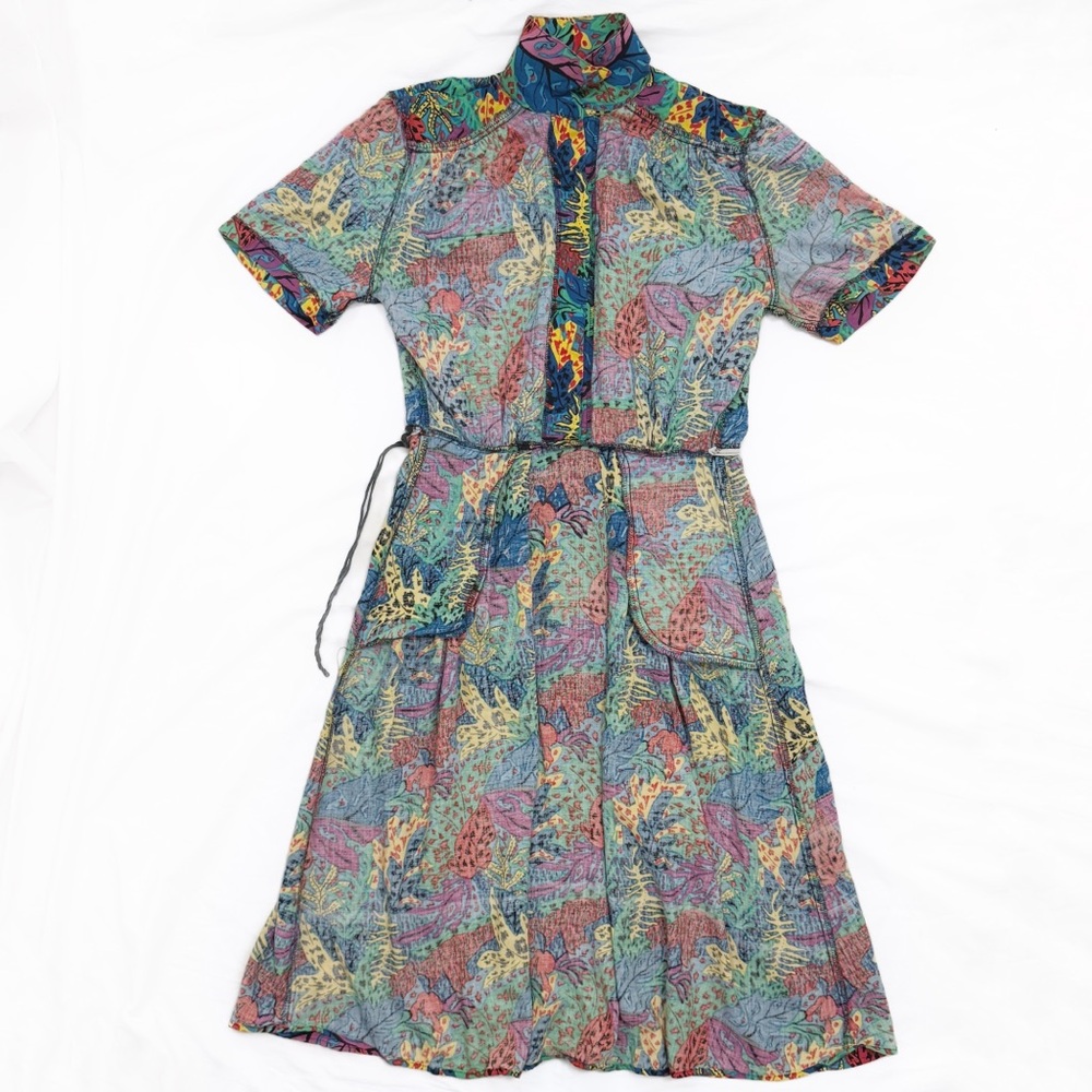 Vintage 80s Tareti Petites Retro Abstract Multicolor Button Up Collared Dress - Picture 7 of 11